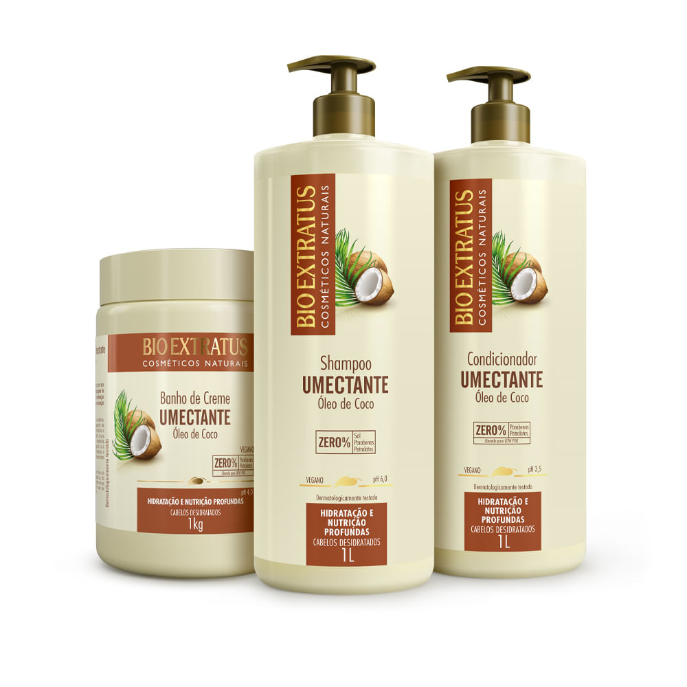 Kit Umectante Bio Extratus 1L Shampoo + Condicionador + Banho de Creme 1Kg | Hidratação Profunda Óleo de Coco